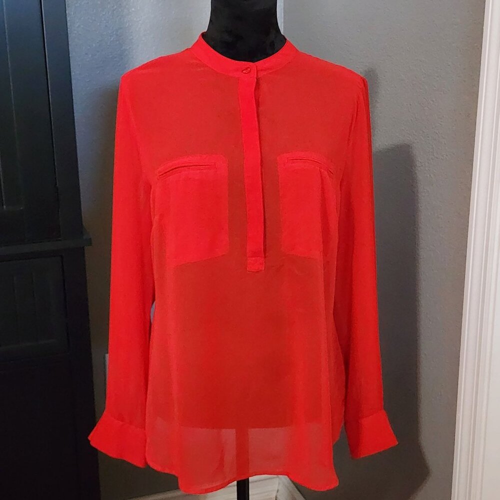 A.N.A Red Sheer Long Sleeve Blouse Size Large Button‎ Front Casual Lightweight